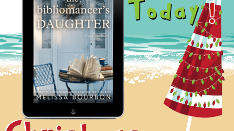 The cover of The Bibliomancer's Daughter on an ereader with a Christmas theme